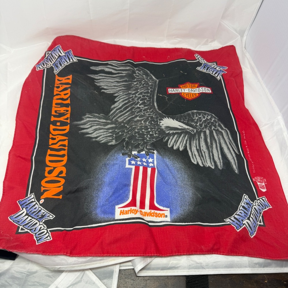 Vintage Harley Davidson Bandana Eagle Patriotic #1 Logo Red Black Made in USA